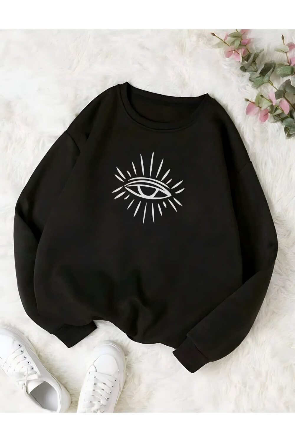 Göz Baskılı Siyah Bisiklet Yaka Oversize Kadın Sweatshirt