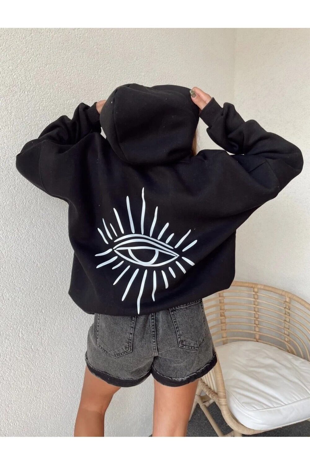 Göz Baskılı Siyah Kapüşonlu Sweatshirt Hoodie