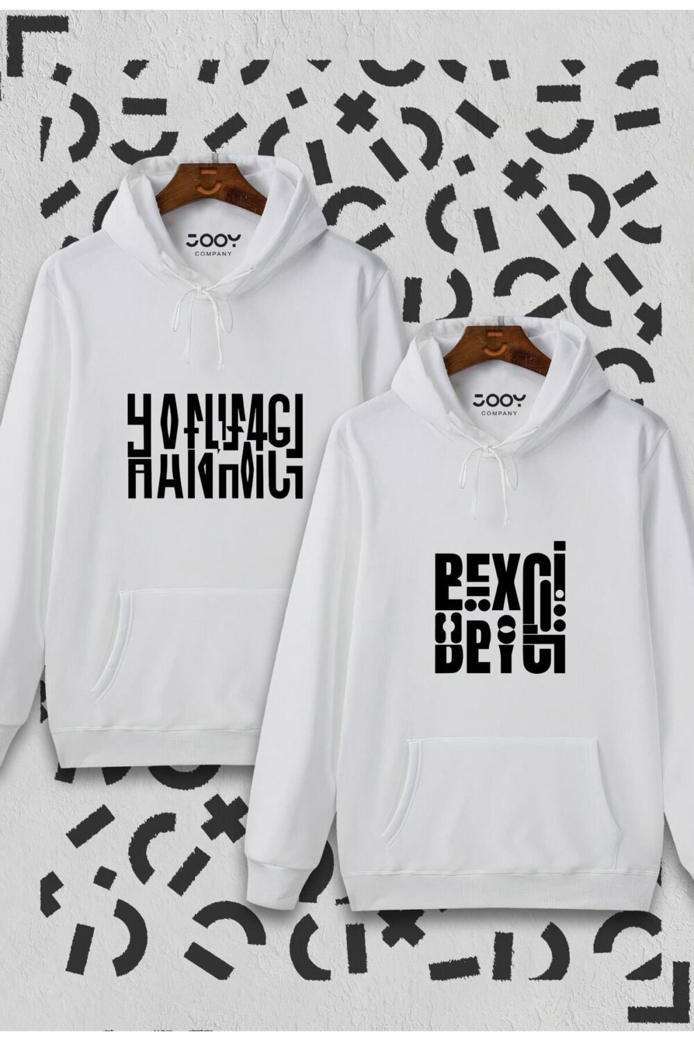 Hanımcı Beyci Sevgili Çift Kombini Katlamalı Tasarım Kapüşonlu Beyaz Sweatshirt 2’li Set