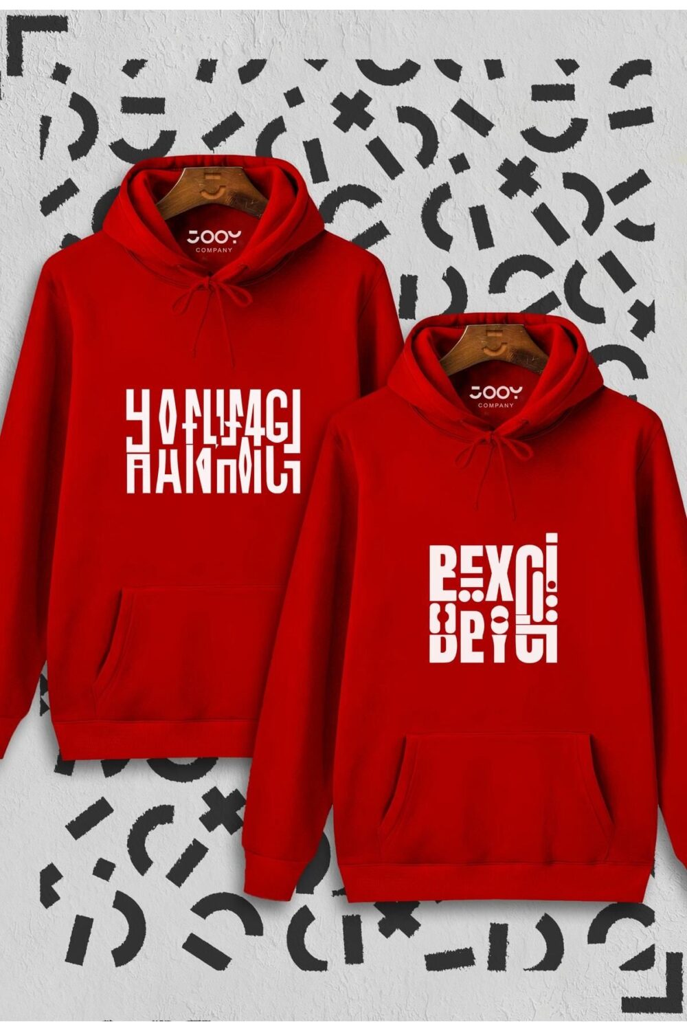 Hanımcı Beyci Sevgili Çift Kombini Katlamalı Tasarım Kapüşonlu Kırmızı Sweatshirt 2’li Set