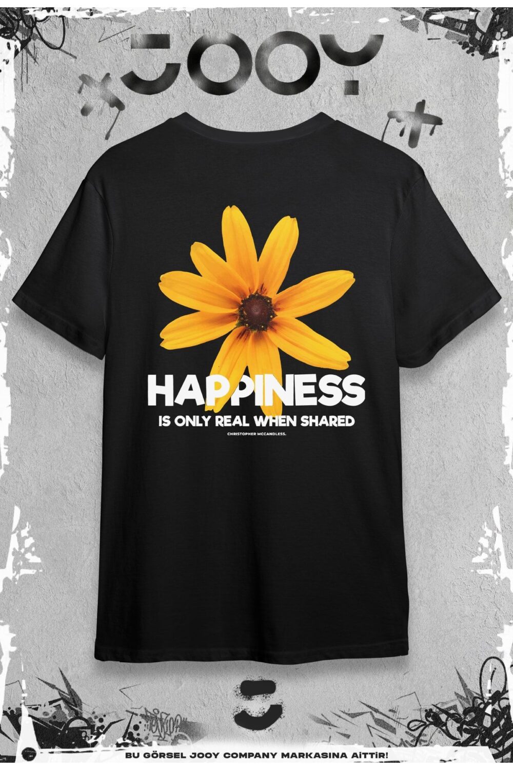 Happiness Flower Tasarım Siyah Oversize Tshirt