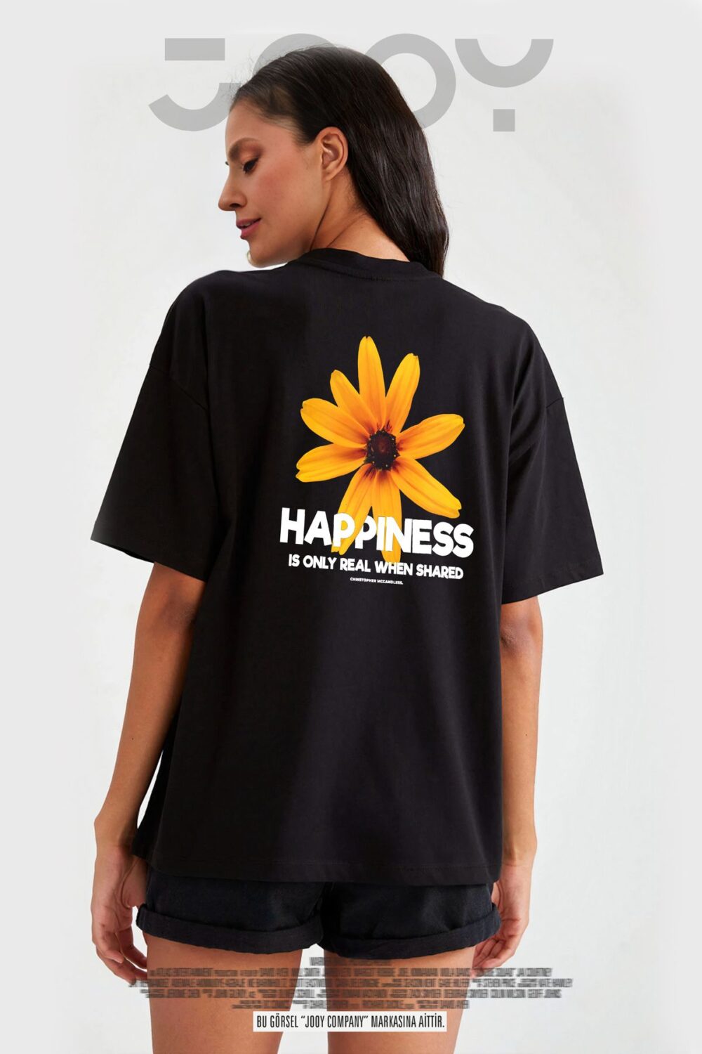 Happiness Papatya Baskılı Siyah Oversize Tshirt