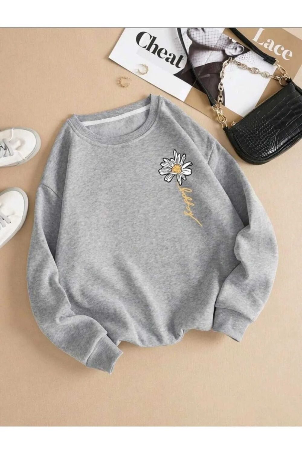 Happy Papatya Baskılı Gri Bisiklet Yaka Oversize Sweatshirt