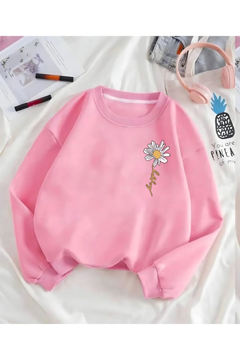 Happy Papatya Baskılı Pembe Bisiklet Yaka Oversize Sweatshirt