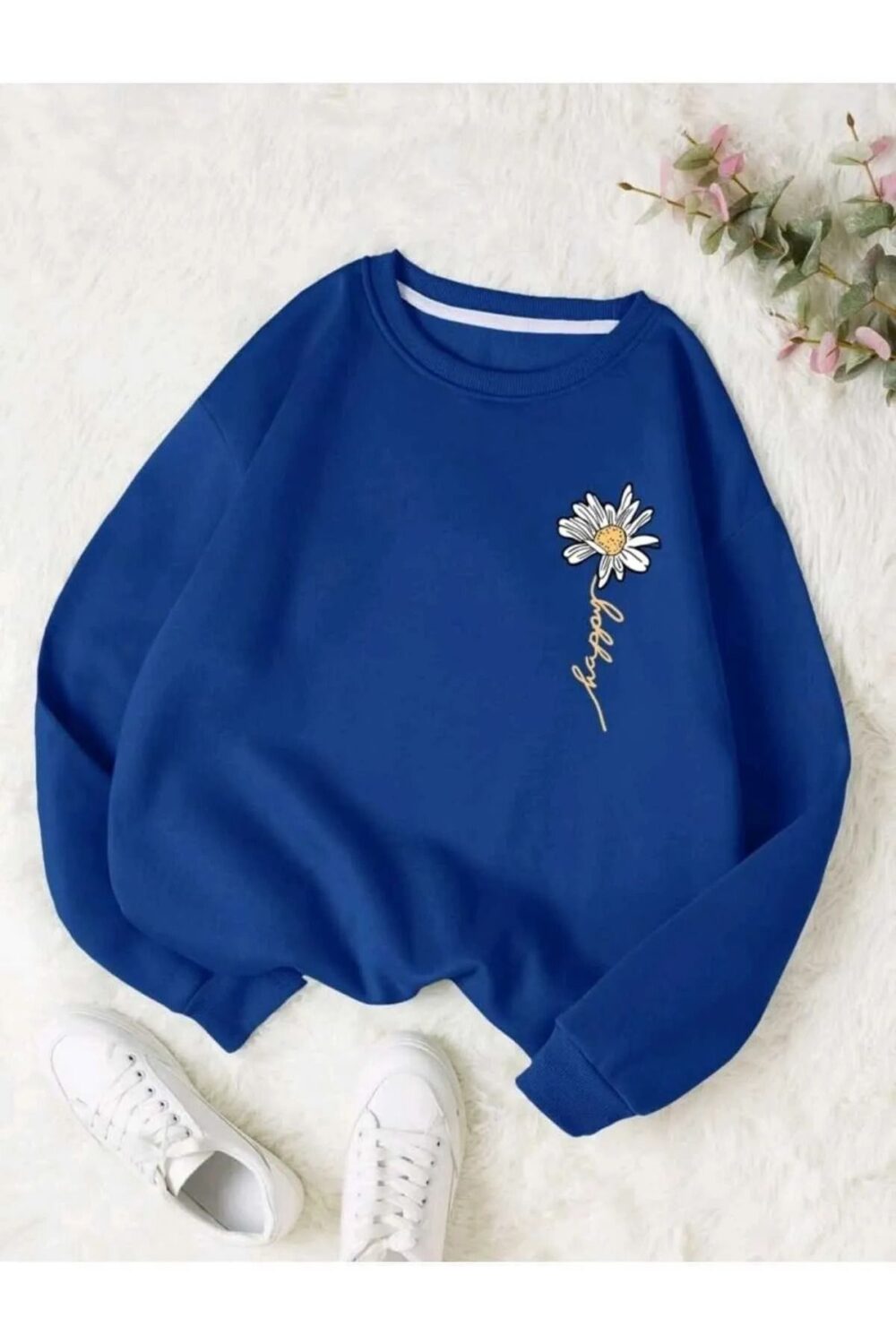 Happy Papatya Baskılı Saks Mavi Bisiklet Yaka Oversize Sweatshirt