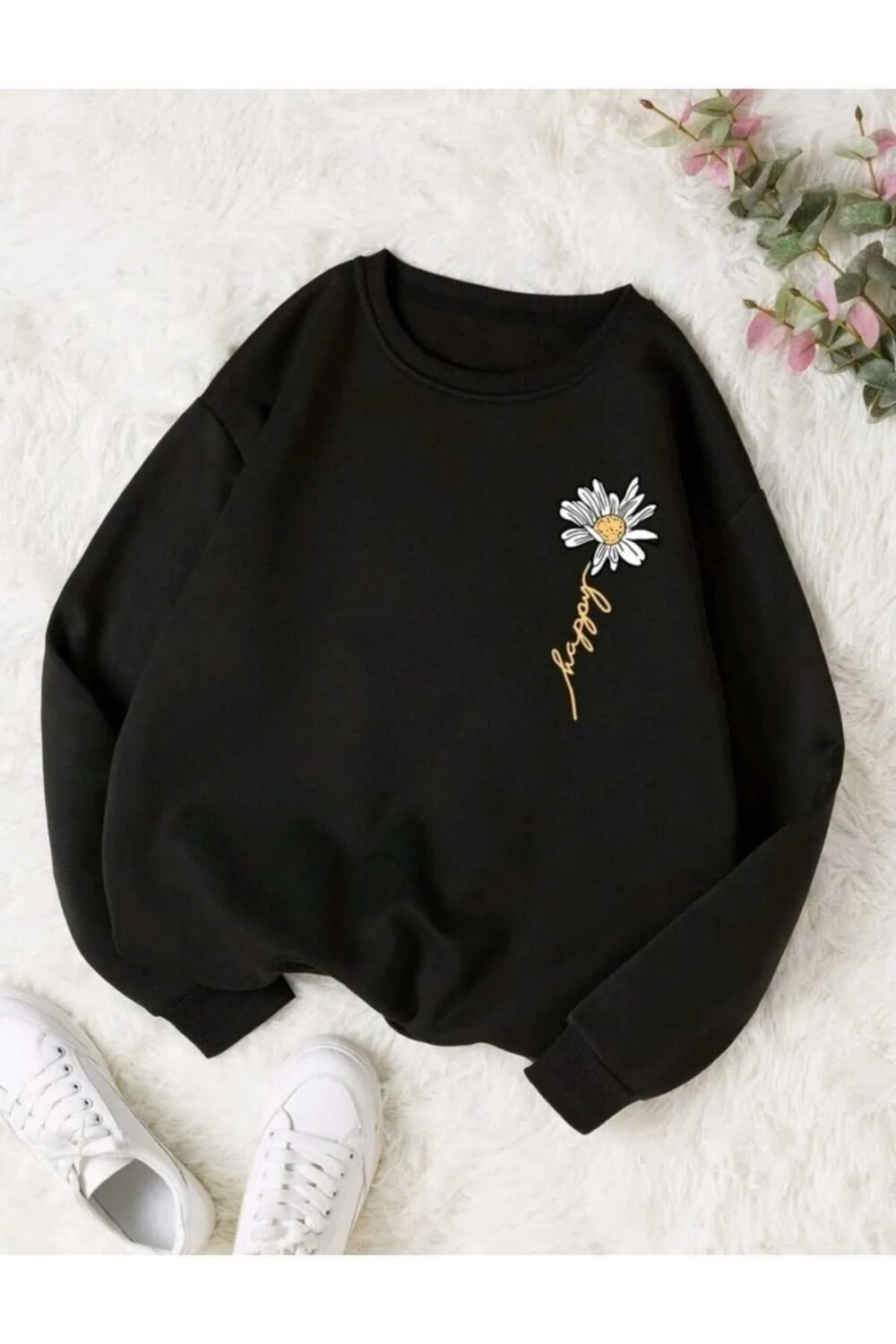 Happy Papatya Baskılı Siyah Bisiklet Yaka Oversize Sweatshirt