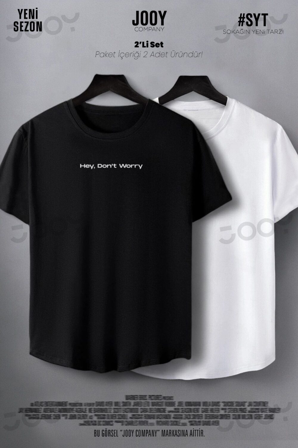 Hey Don’t Worry Baskılı Siyah Beyaz Oval Kesim Slim Fit Tshirt 2’li Set