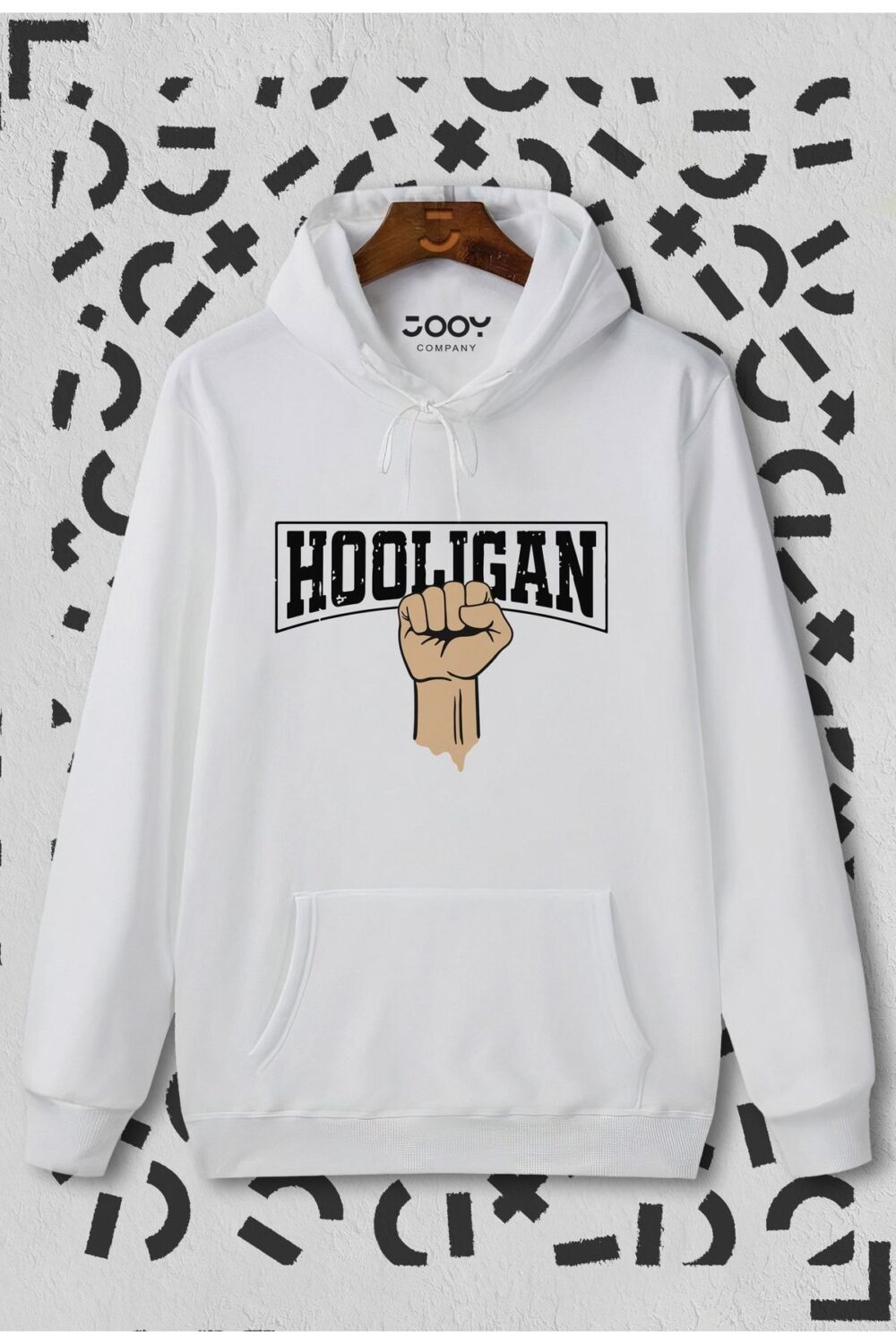 Holigan Baskılı Beyaz Kapüşonlu Sweatshirt