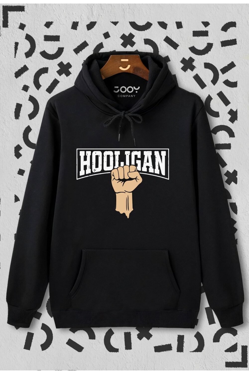 Holigan Baskılı Siyah Kapüşonlu Sweatshirt