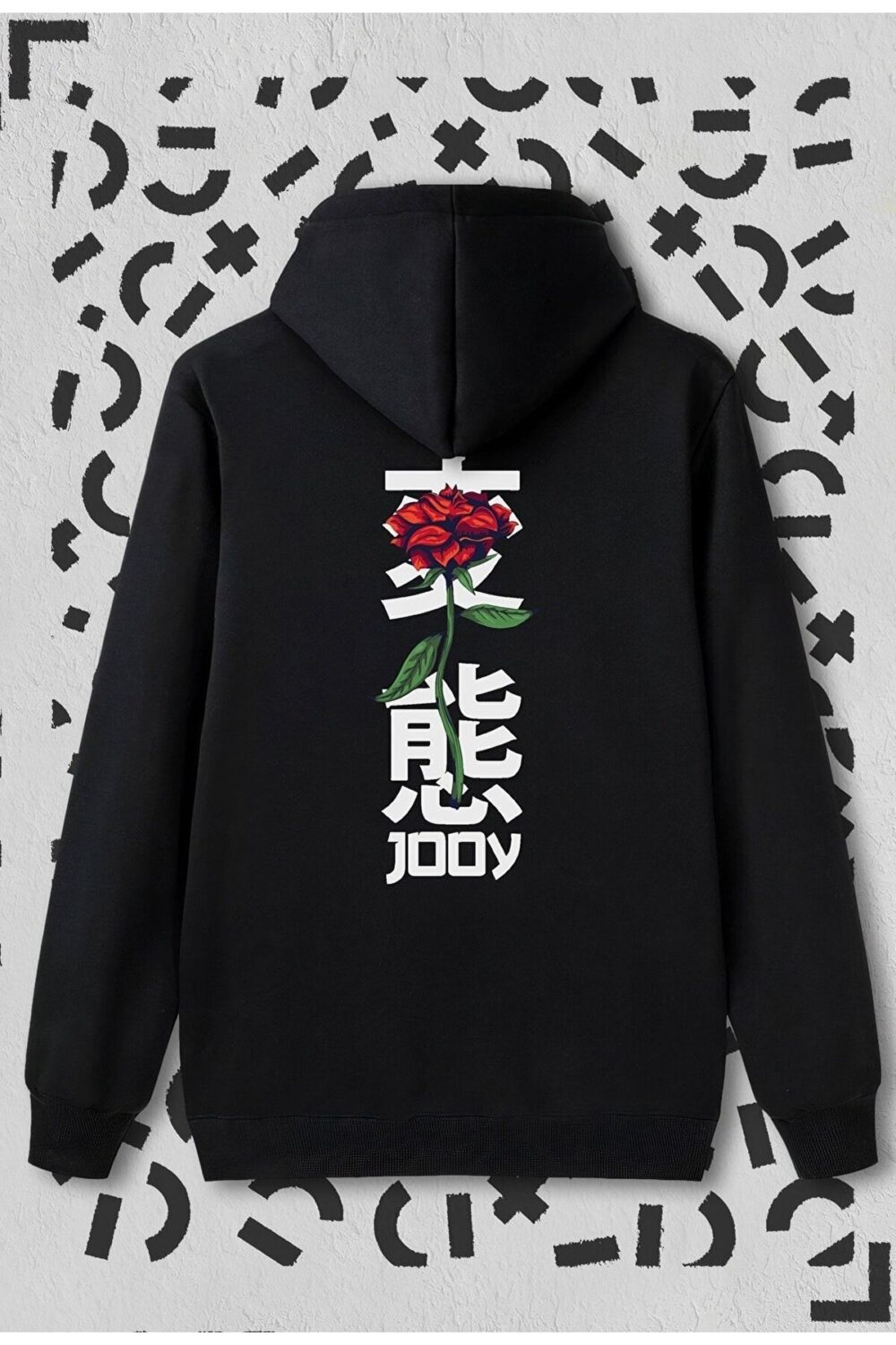 Japan Rose Siyah Kapüşonlu Sweatshirt