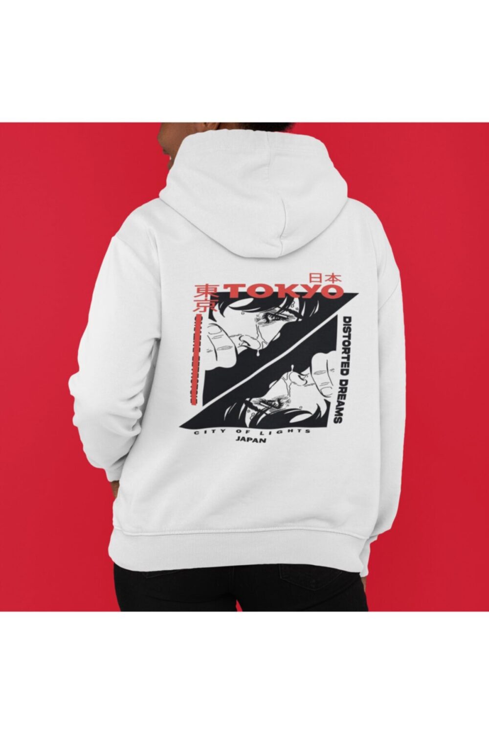 Kadın Beyaz Japan Baskılı Kapüşonlu Sweatshirt