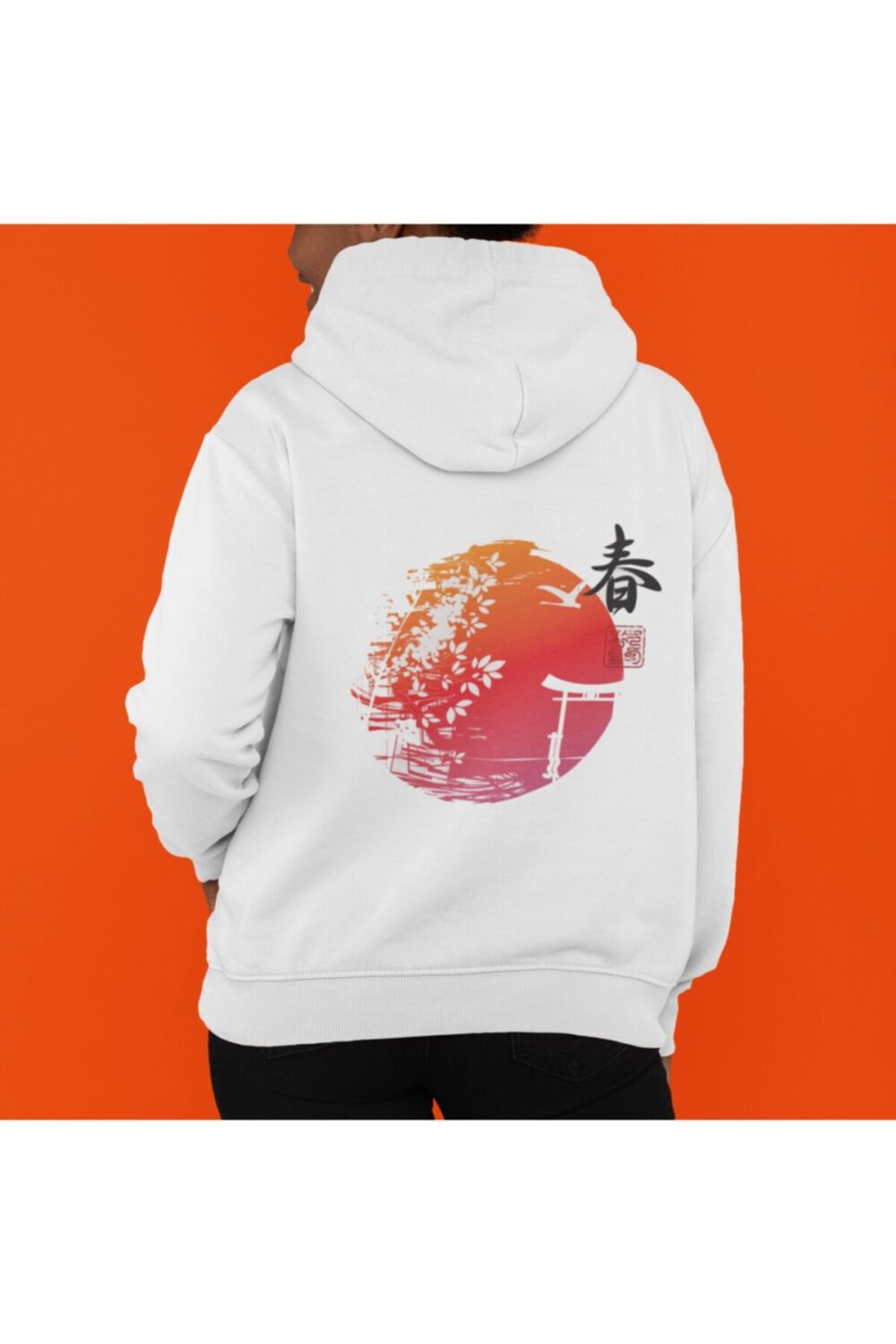 Kadın Beyaz Japan Sembol Baskılı Kapüşonlu Sweatshirt