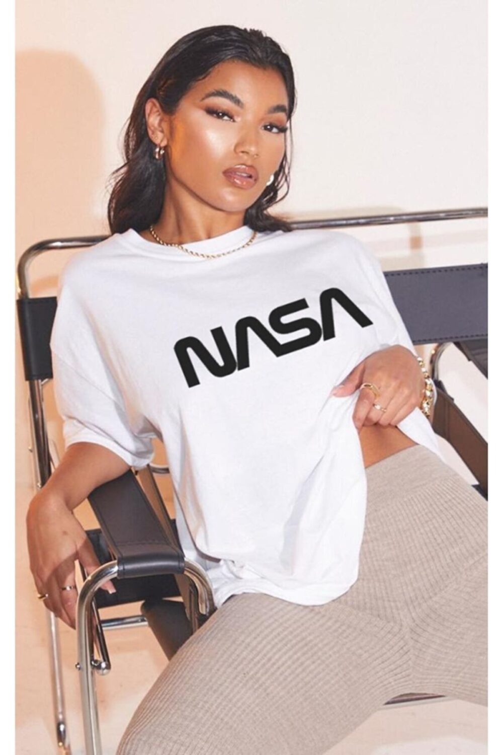 Kadın Beyaz Nasa Baskılı Tshirt