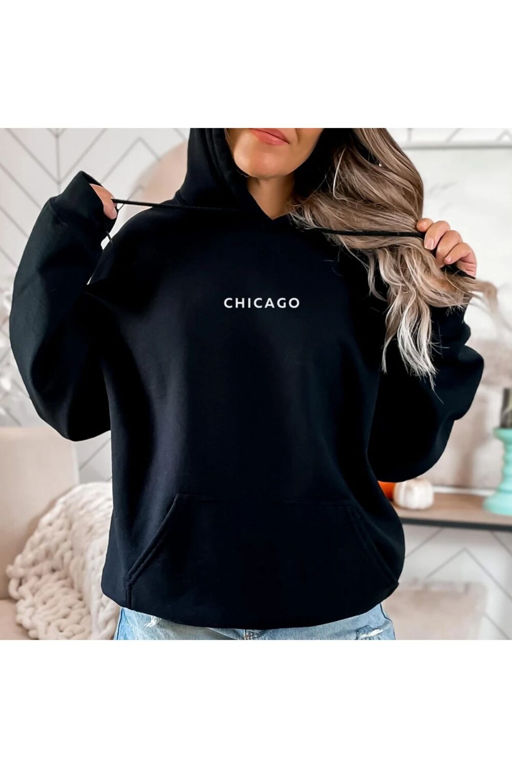 Kadın Chicago Baskılı Siyah Kapüşonlu Sweatshirt