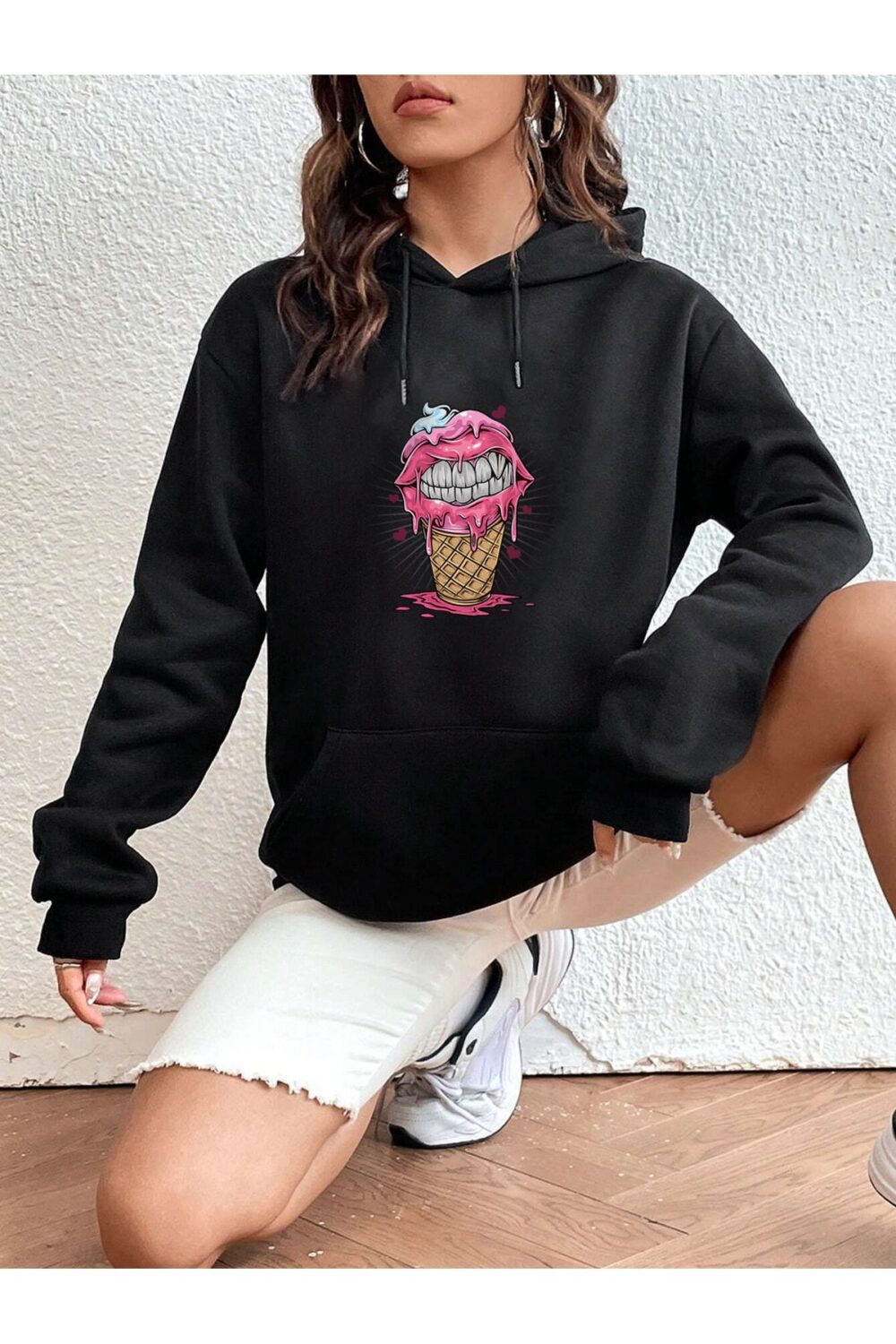 Kadın Dondurma Tasarım Kapüşonlu Sweatshirt