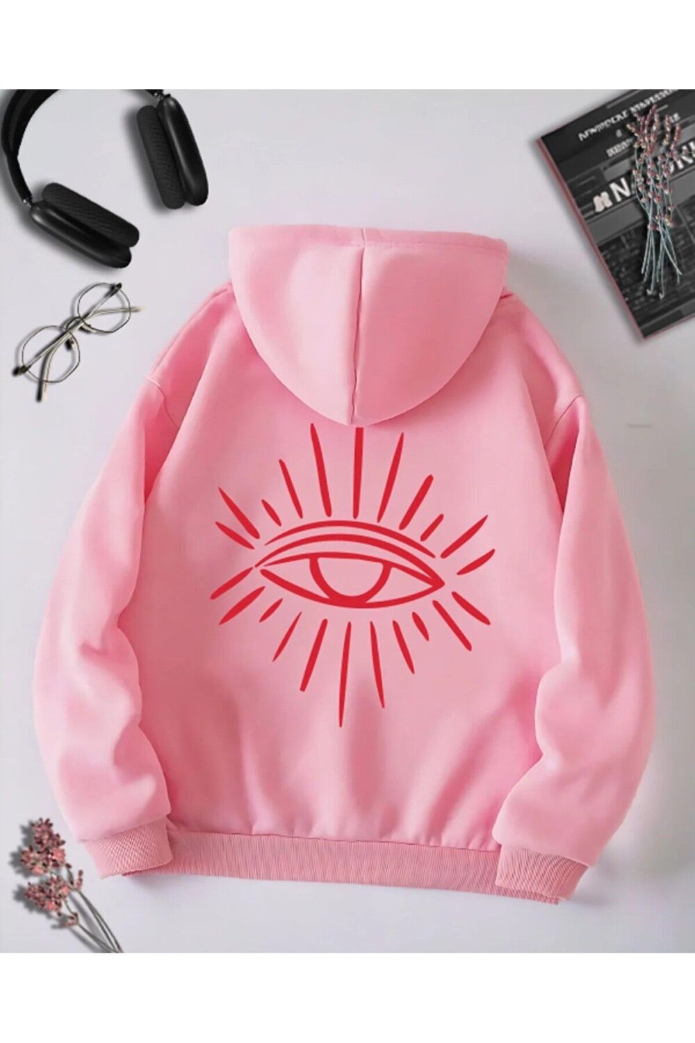 Kadın Eye Göz Baskılı Pembe Kapüşonlu Sweatshirt Hoodie