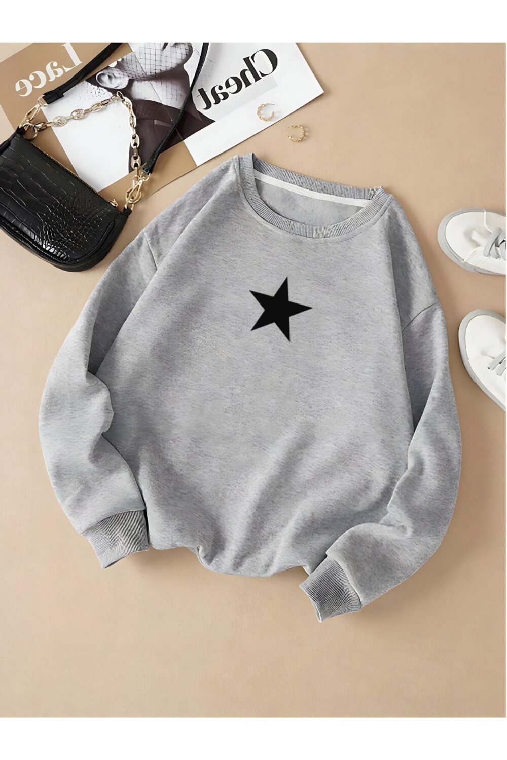 Kadın Gri Bisiklet Yaka Yıldız Baskılı Oversize Sweatshirt