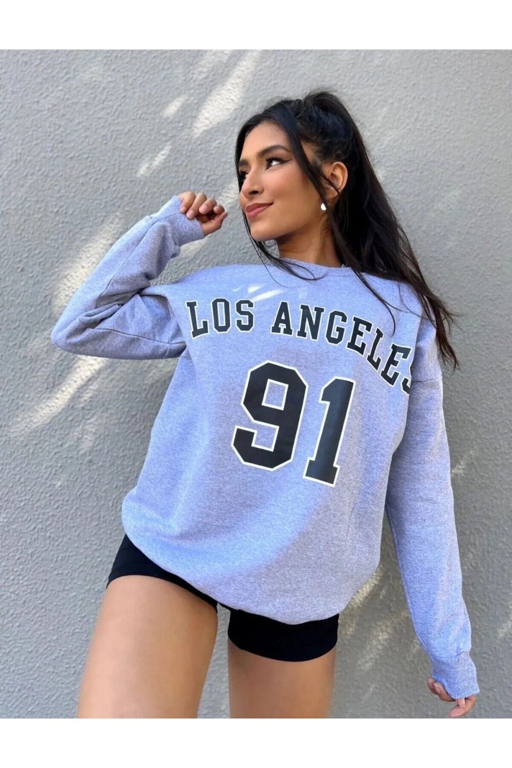 Kadın Los Angeles 91 Baskılı Gri Bisiklet Yaka Sweatshirt