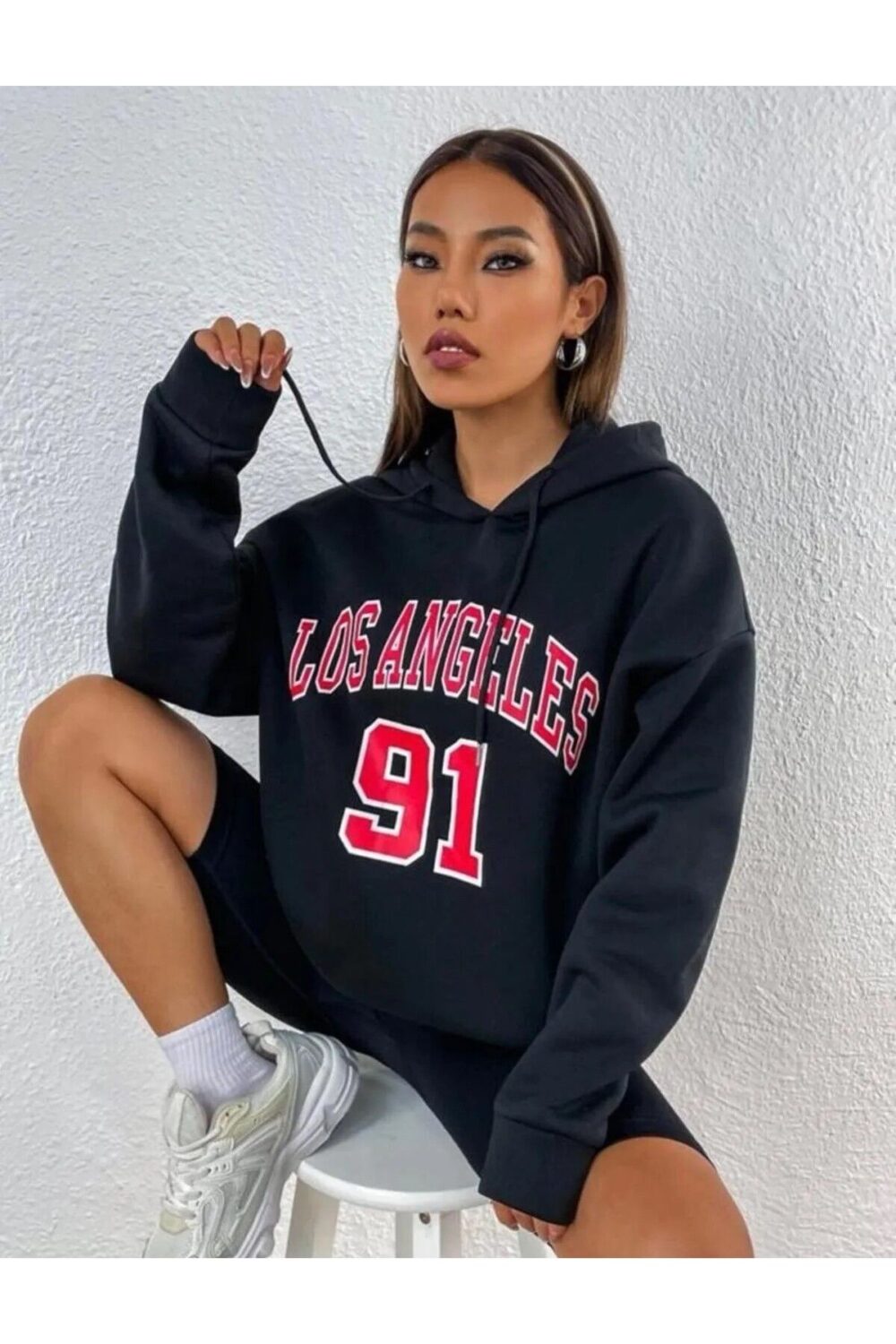 Kadın Los Angeles 91 Baskılı Siyah Kapüşonlu Sweatshirt