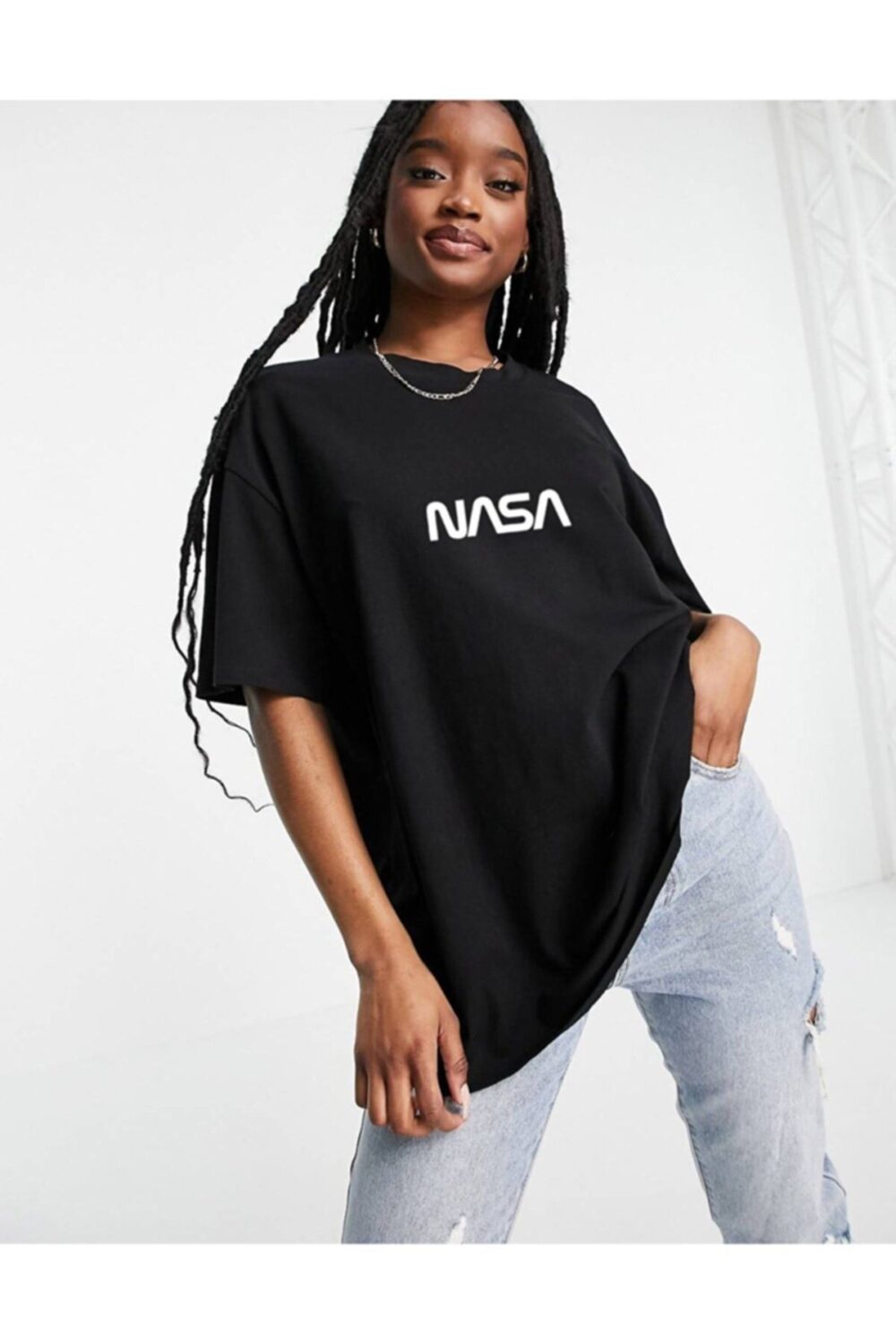 Kadın Nasa Baskılı Siyah Tshirt