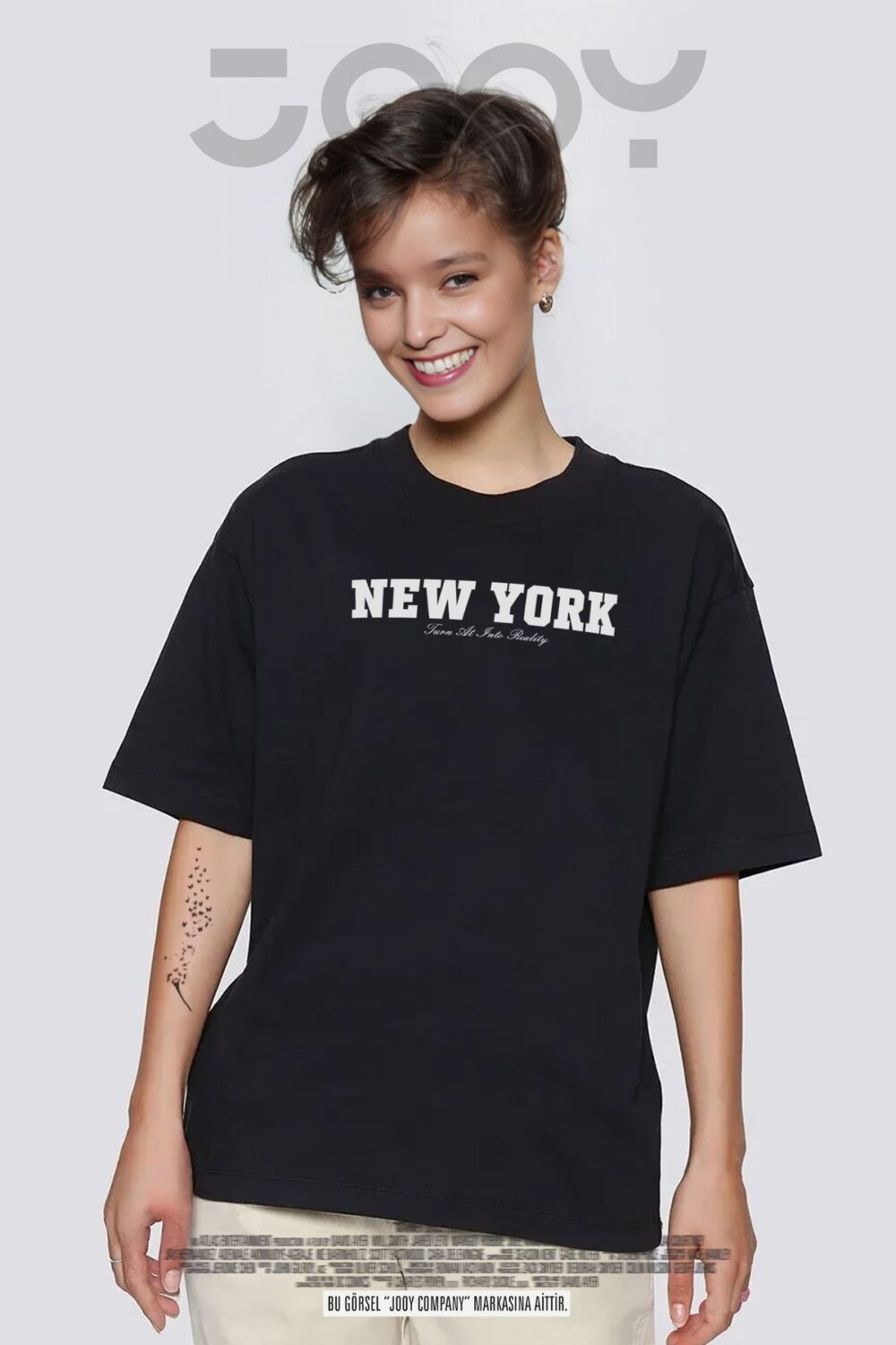 Kadın New York Reality Baskılı Siyah Oversize Tshirt