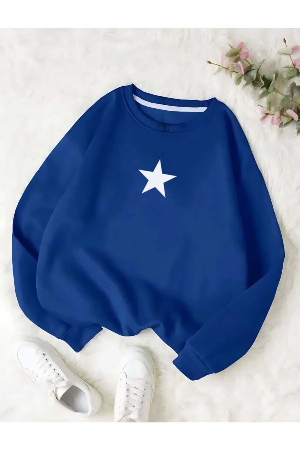 Kadın Saks Mavi Bisiklet Yaka Yıldız Baskılı Oversize Sweatshirt