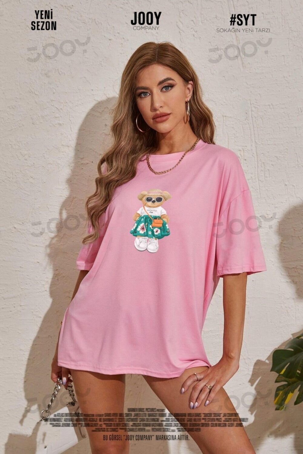 Kadın Tatlı Ayı Baskılı Pembe Oversize Tshirt