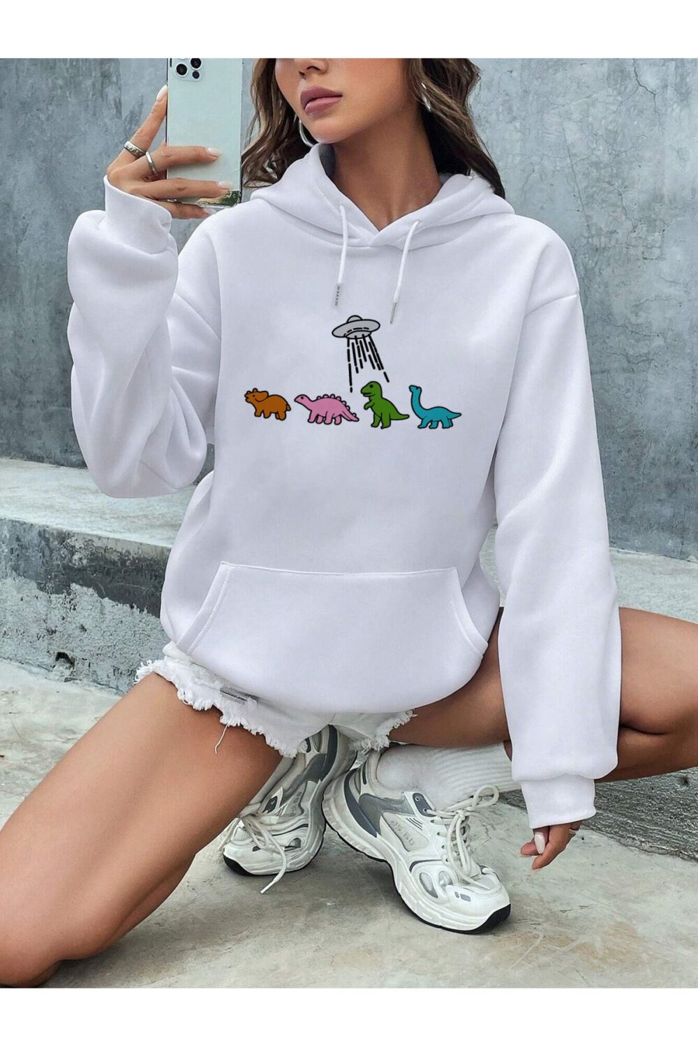 Kadın Ufo ve Dinazor Tasarım Kapüşonlu Sweatshirt