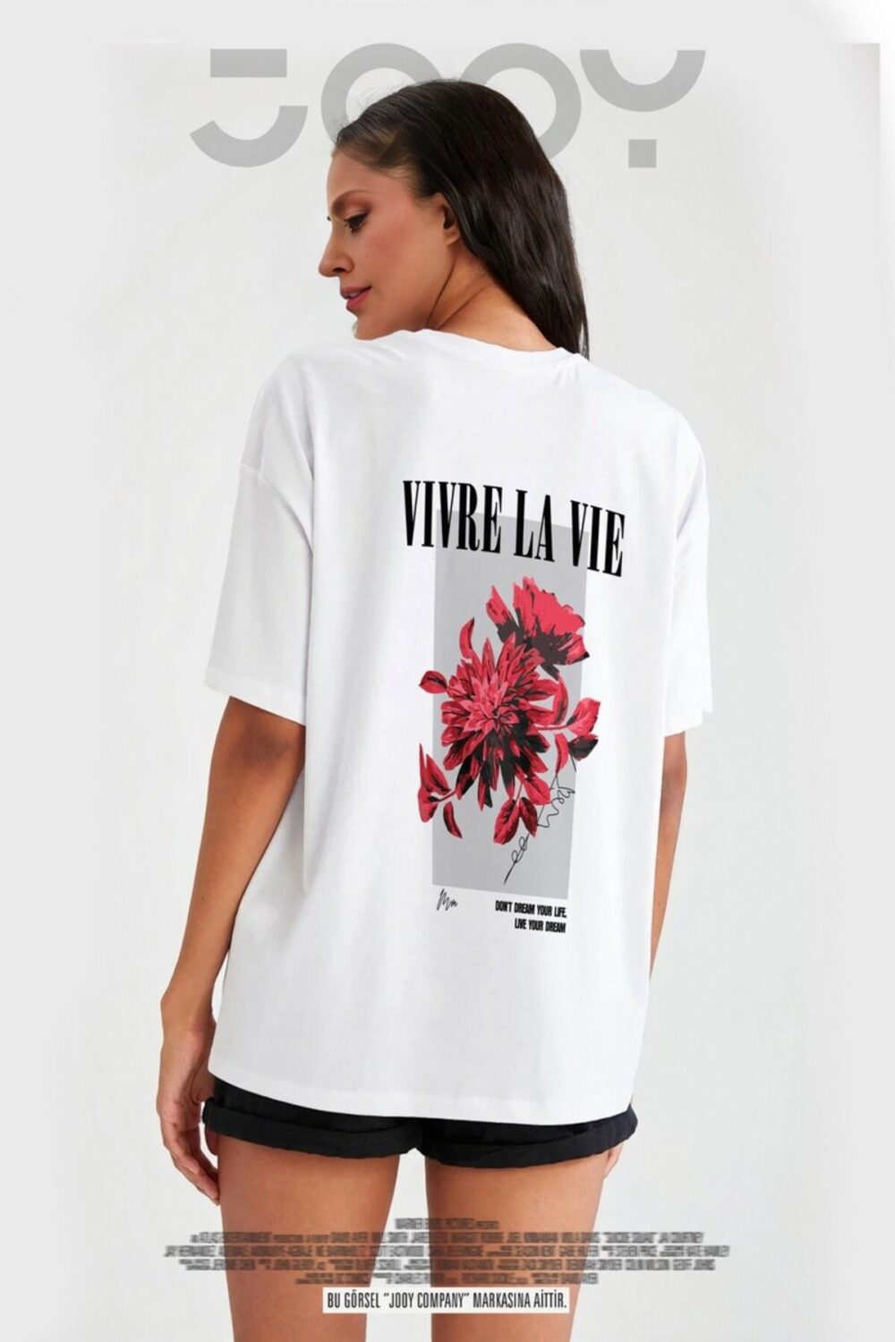 Kadın Vivre La Vie Baskılı Beyaz Oversize Tshirt