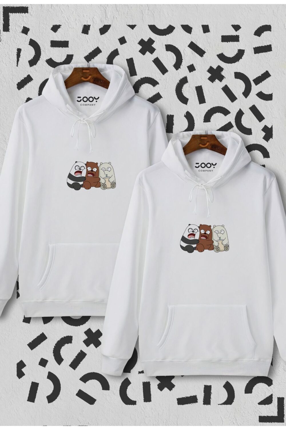 Kafadar Ayıcıklar Sevgili Çift Kombini Beyaz Kapüşonlu Sweatshirt 2’li Set