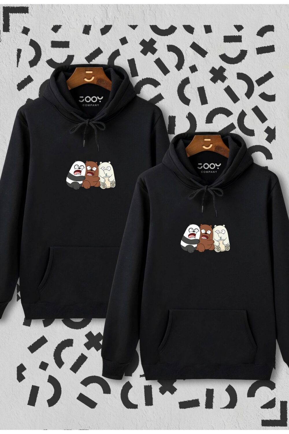 Kafadar Ayıcıklar Sevgili Çift Kombini Siyah Kapüşonlu Sweatshirt 2’li Set