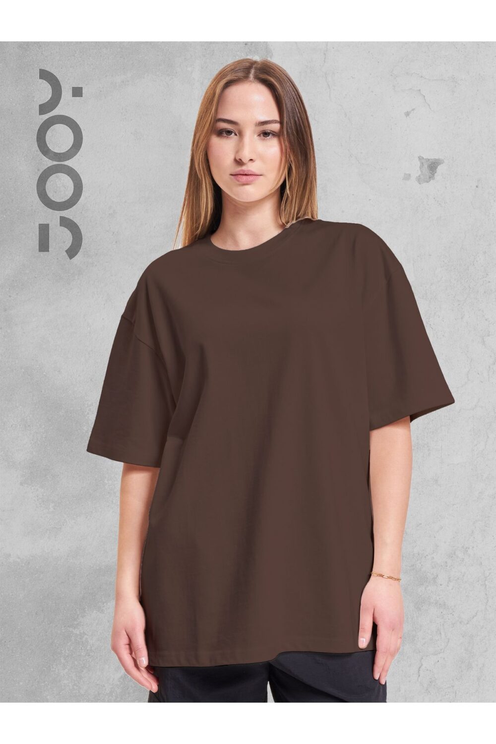 Kahverengi Bisiklet Yaka Oversize Boyfriend Basic Tshirt