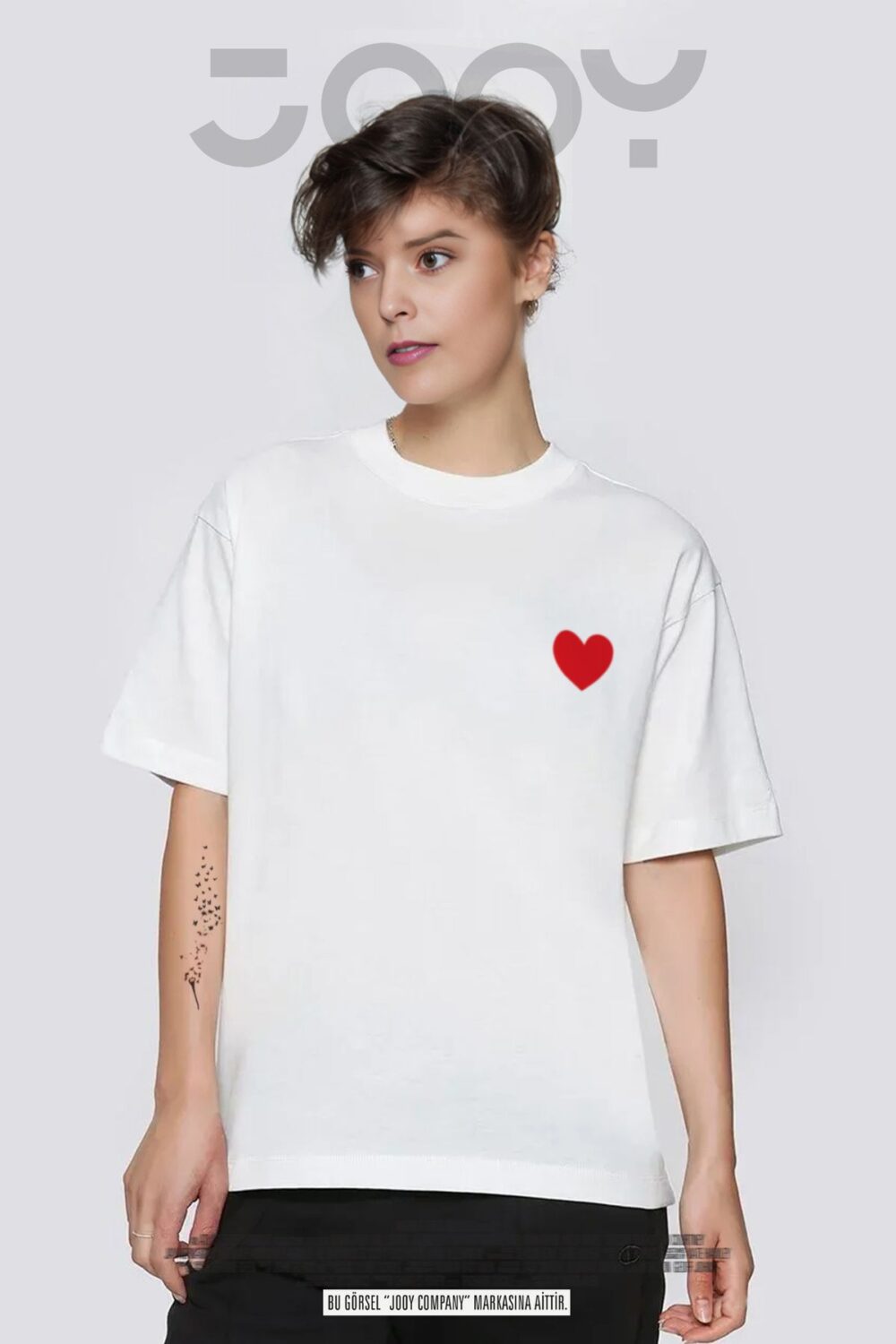 Kalp Baskılı Beyaz Oversize Tshirt