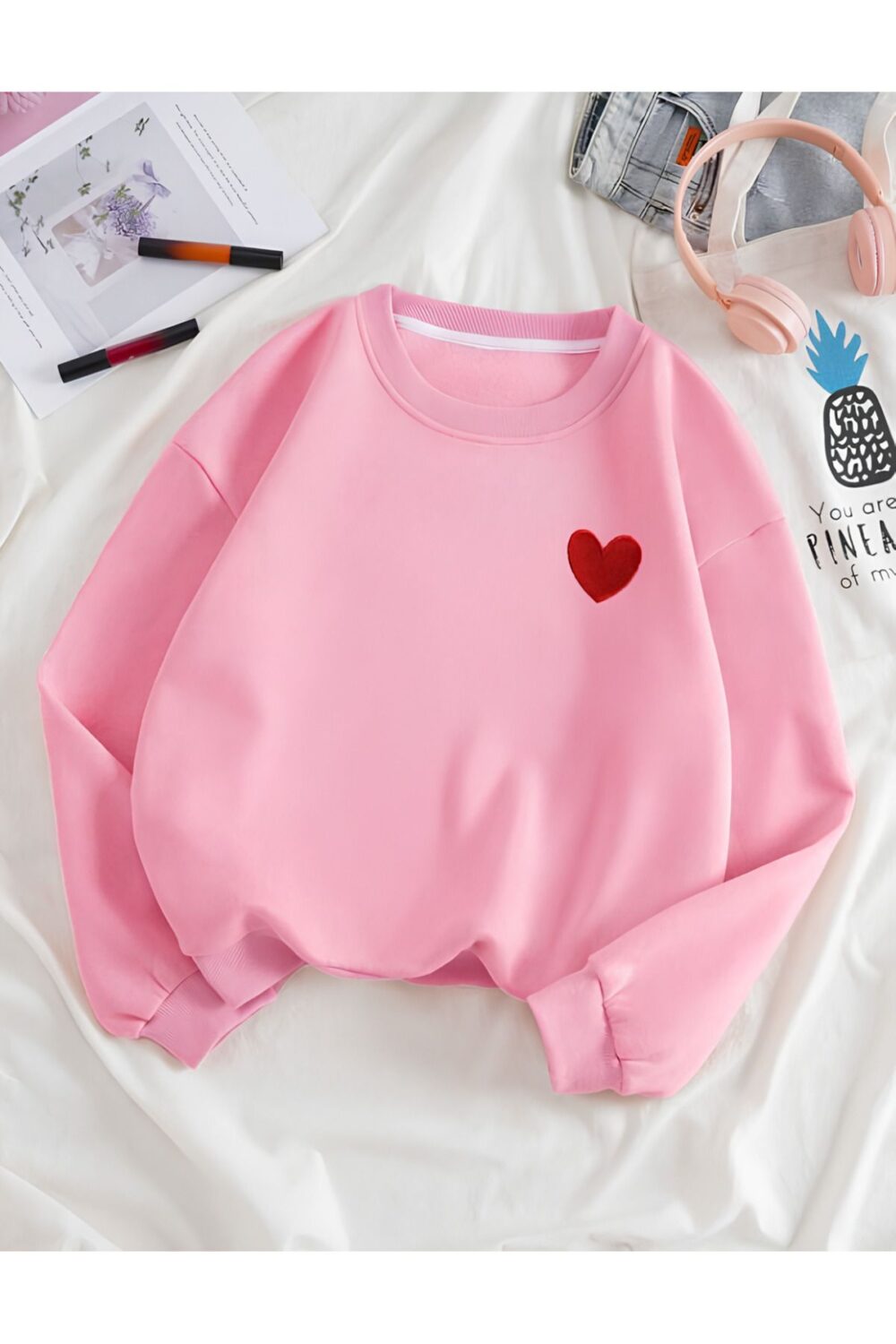 Kalp Baskılı Pembe Bisiklet Yaka Oversize Sweatshirt