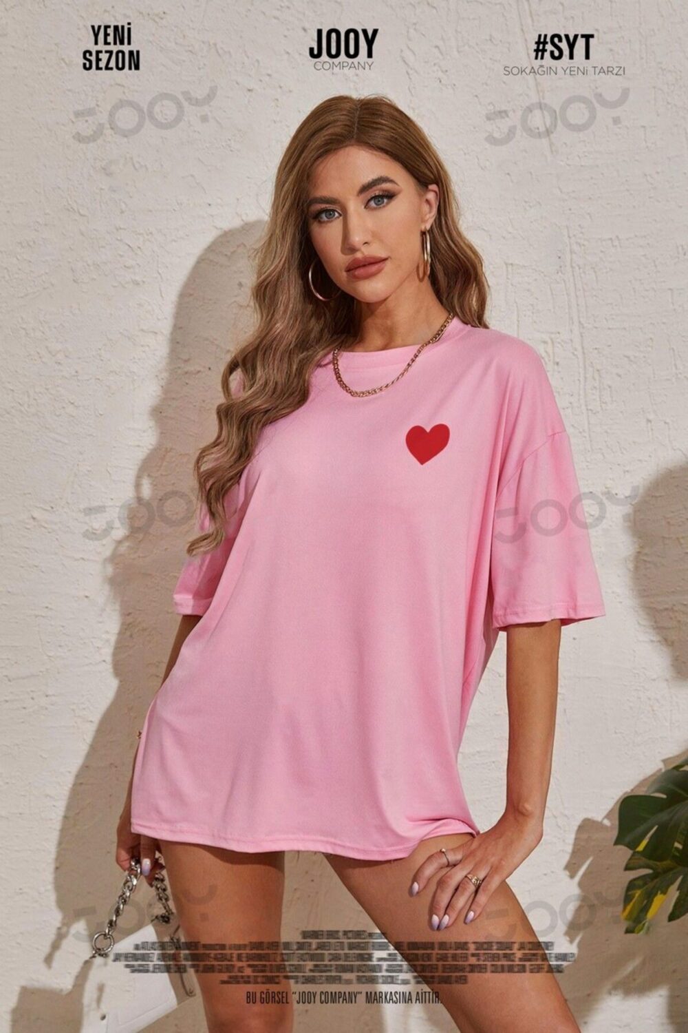 Kalp Baskılı Pembe Oversize Tshirt