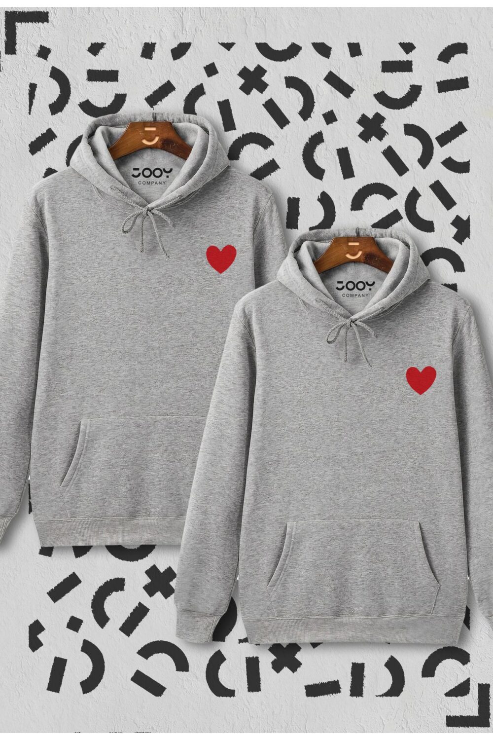 Kalp Baskılı Sevgili Çift Kombini Gri Kapüşonlu Sweatshirt 2’li Set