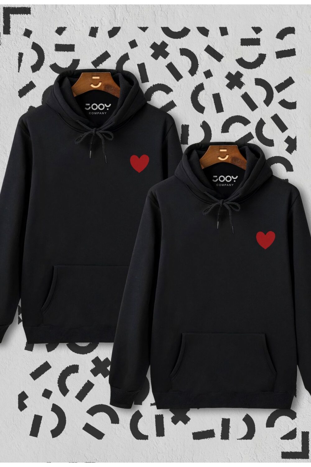 Kalp Baskılı Sevgili Çift Kombini Siyah Kapüşonlu Sweatshirt 2’li Set