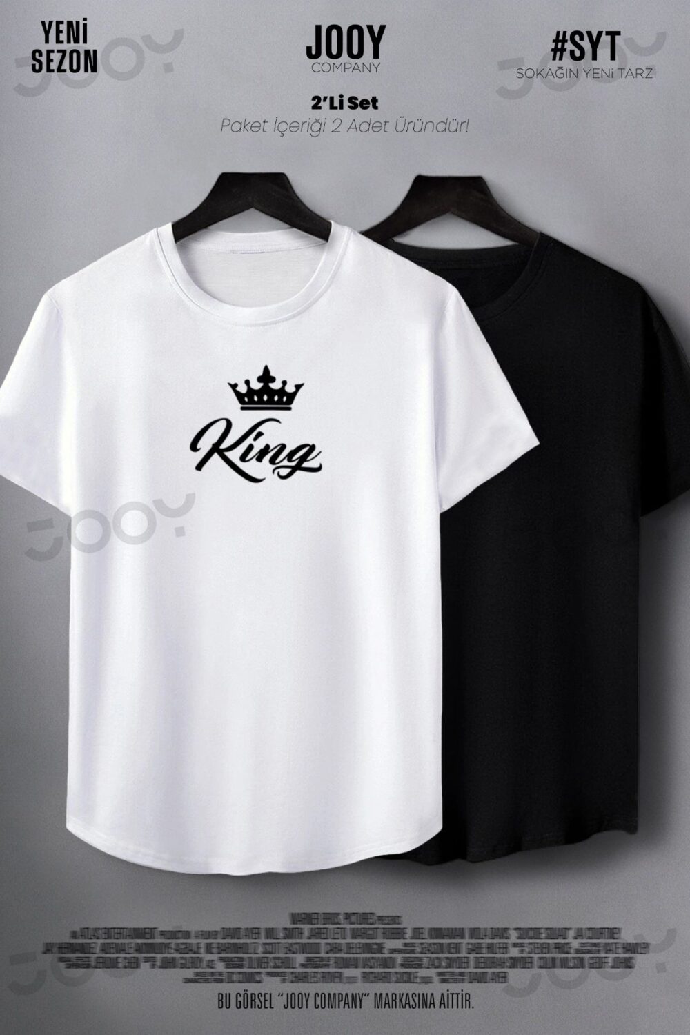 King Baskılı Siyah Beyaz Oval Kesim Slim Fit Tshirt 2’li Set