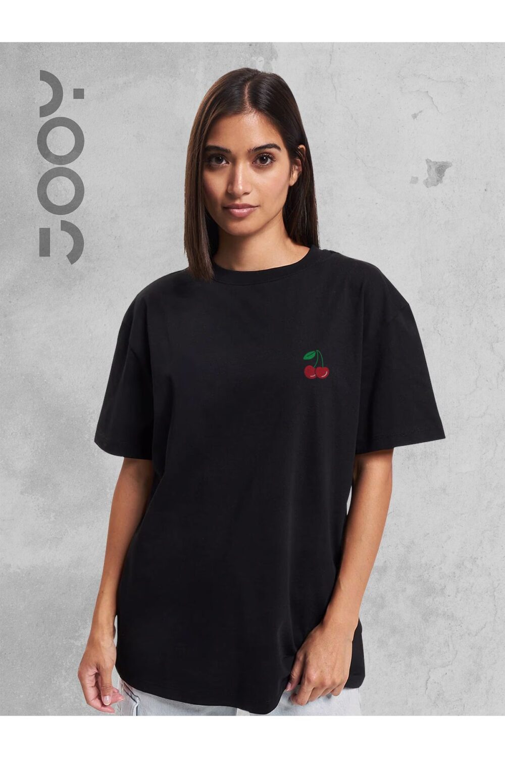 Kiraz Cherry Baskılı Siyah Oversize Geniş Kalıp T-Shirt