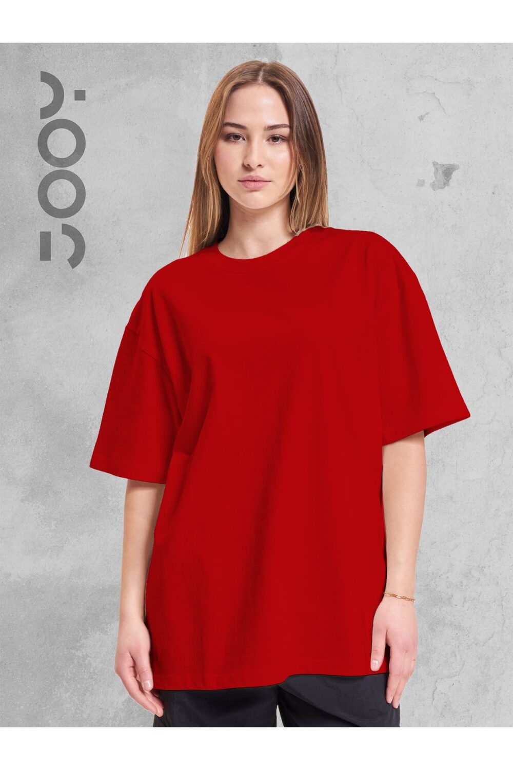 Kırmızı Bisiklet Yaka Oversize Boyfriend Basic Tshirt