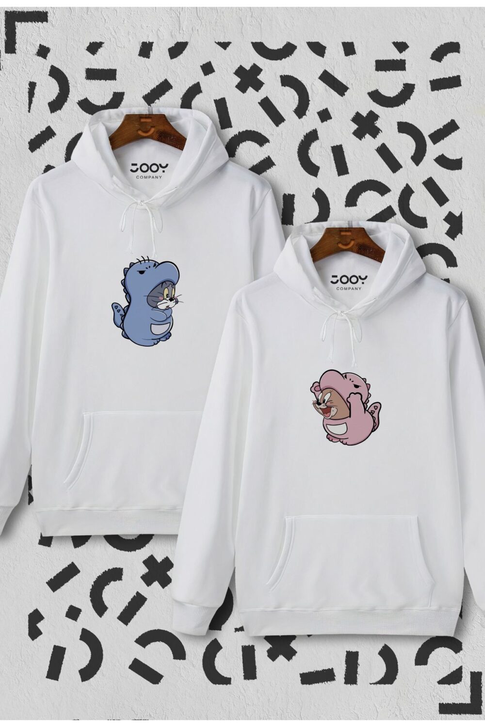 Kostümlü Tom Ve Jerry Tasarım Sevgili Çift Kombini Beyaz Kapüşonlu Sweatshirt 2’li Set