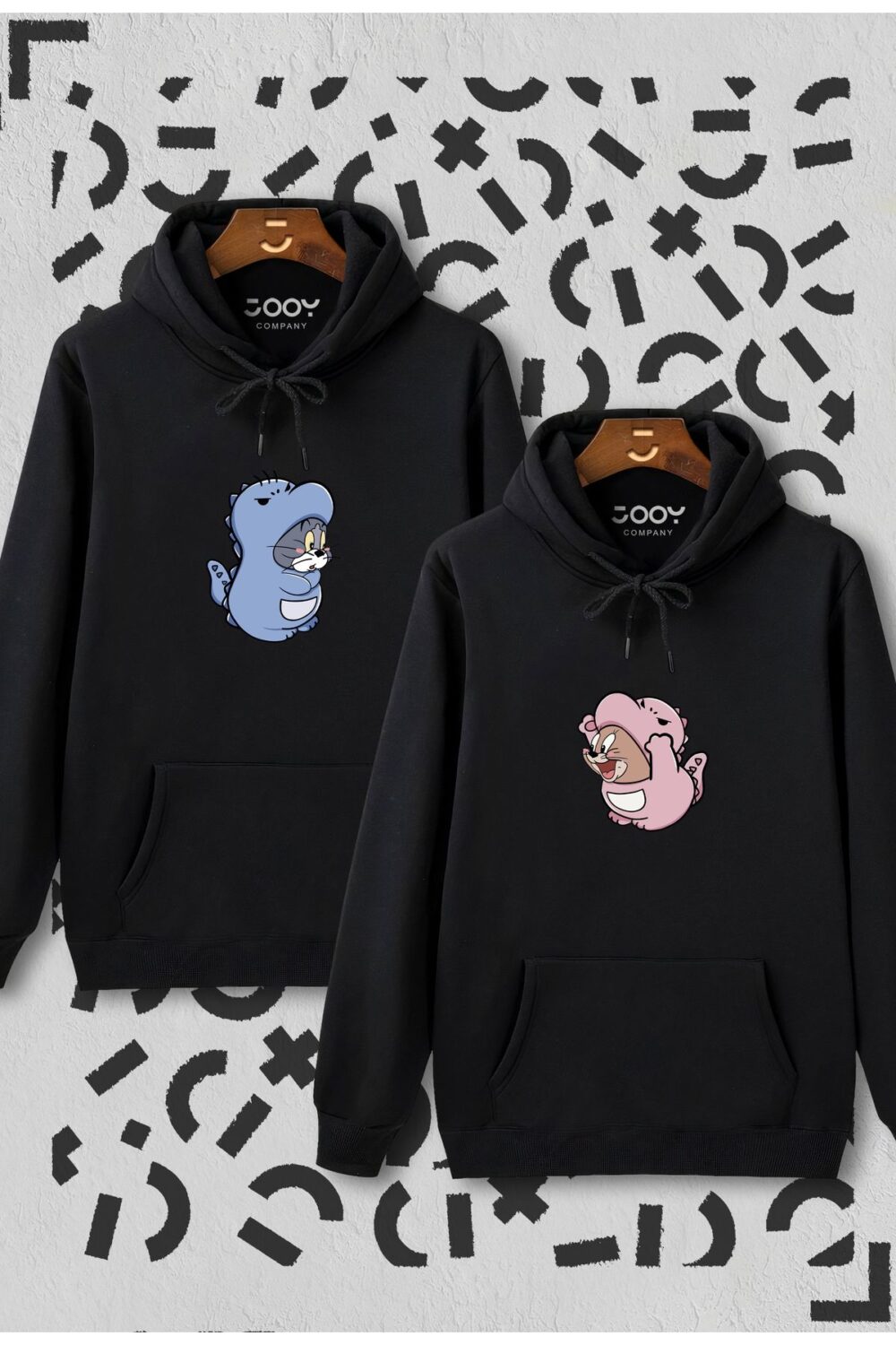 Kostümlü Tom Ve Jerry Tasarım Sevgili Çift Kombini Siyah Kapüşonlu Sweatshirt 2’li Set