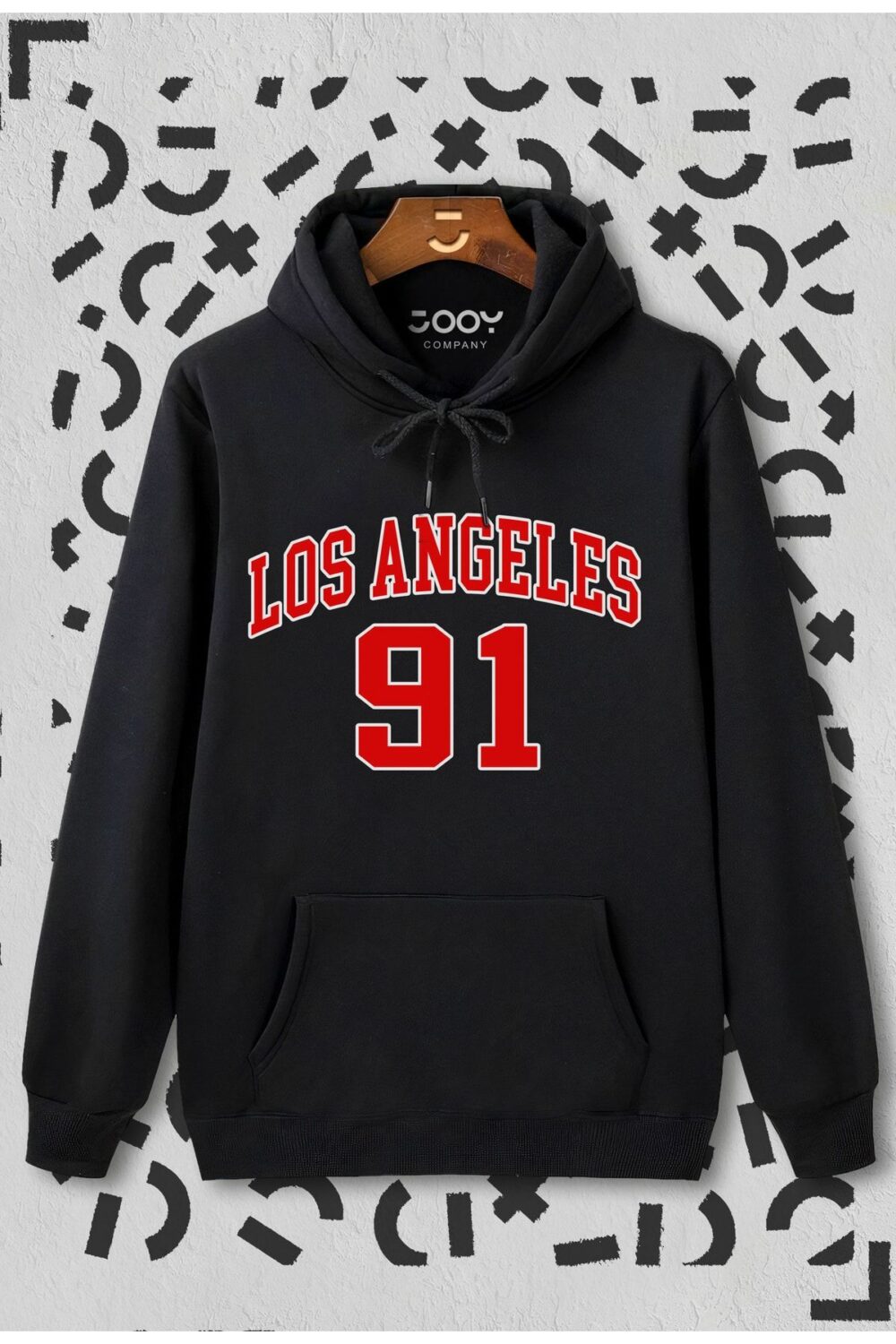 Los Angeles 91 Baskılı Siyah Kapüşonlu Sweatshirt