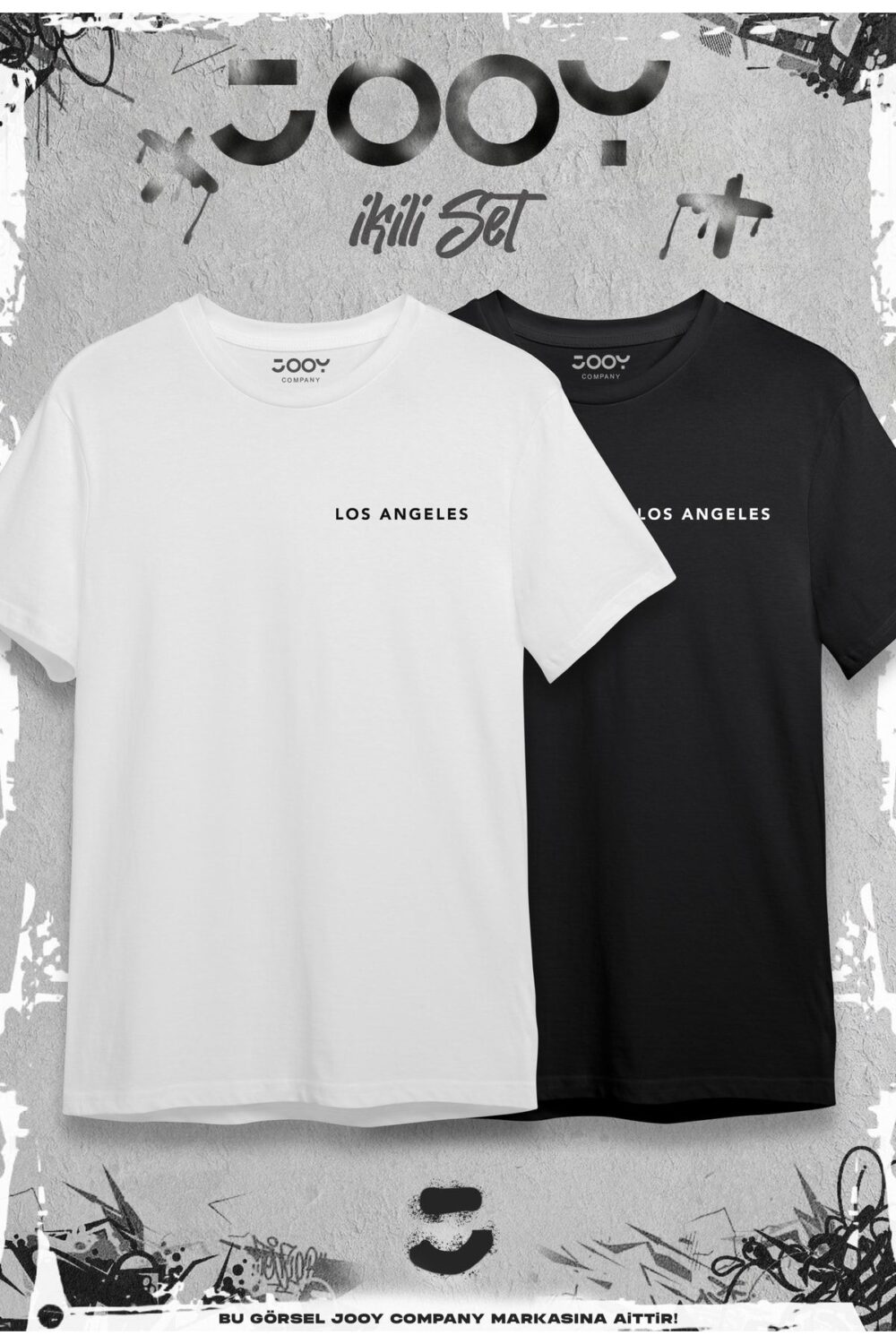 Los Angeles Baskılı Bisiklet Yaka Tshirt Siyah Beyaz 2’li Set