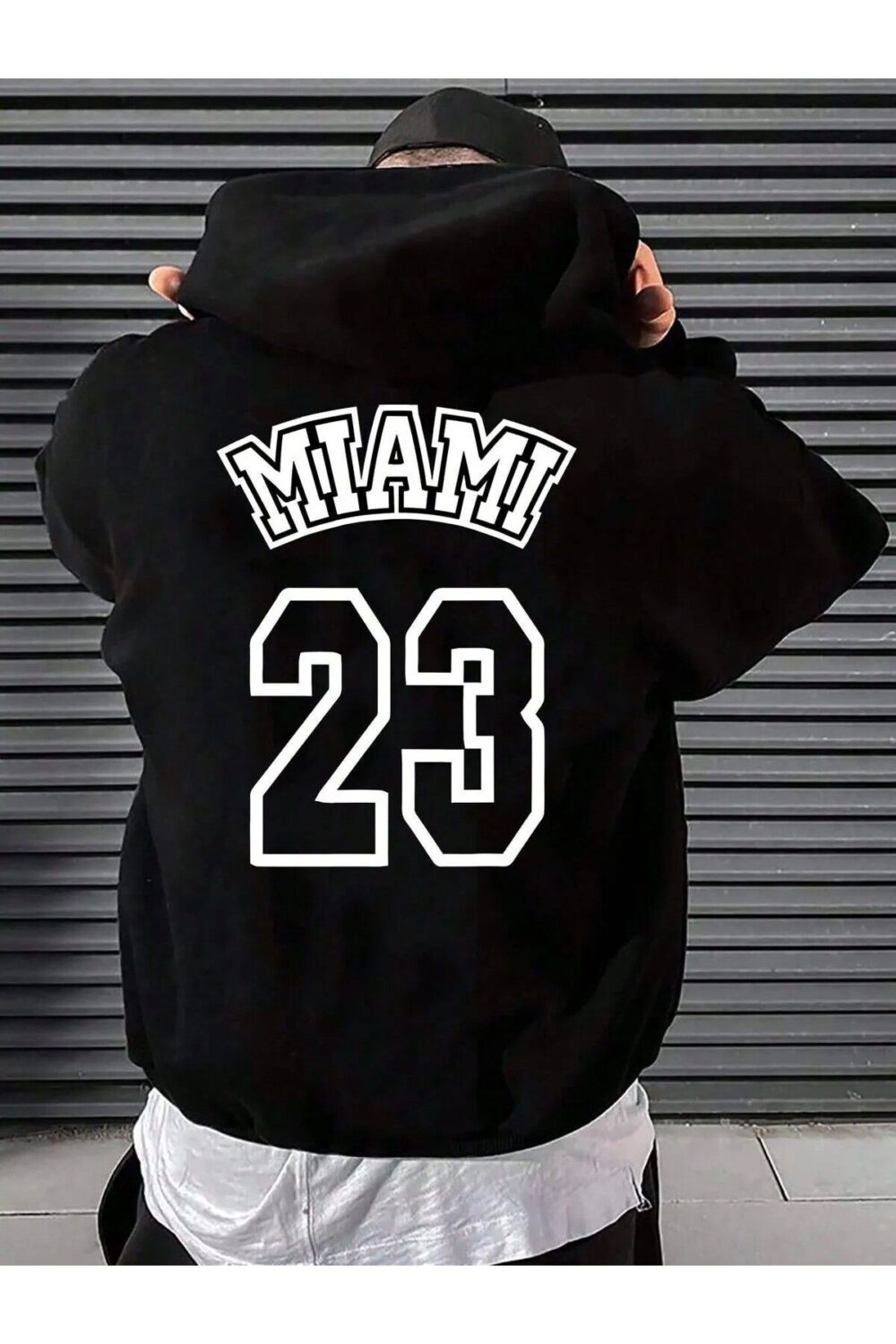 Miami 23 Tasarım Baskılı Erkek Siyah Kapüşonlu Sweatshirt