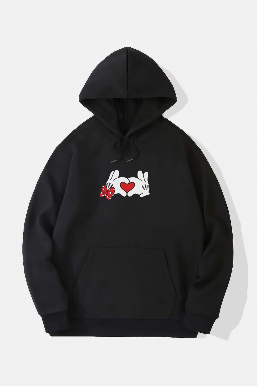 Mickey Minnie Kalp El Baskılı Siyah Hoodie Kapüşonlu Sweatshirt