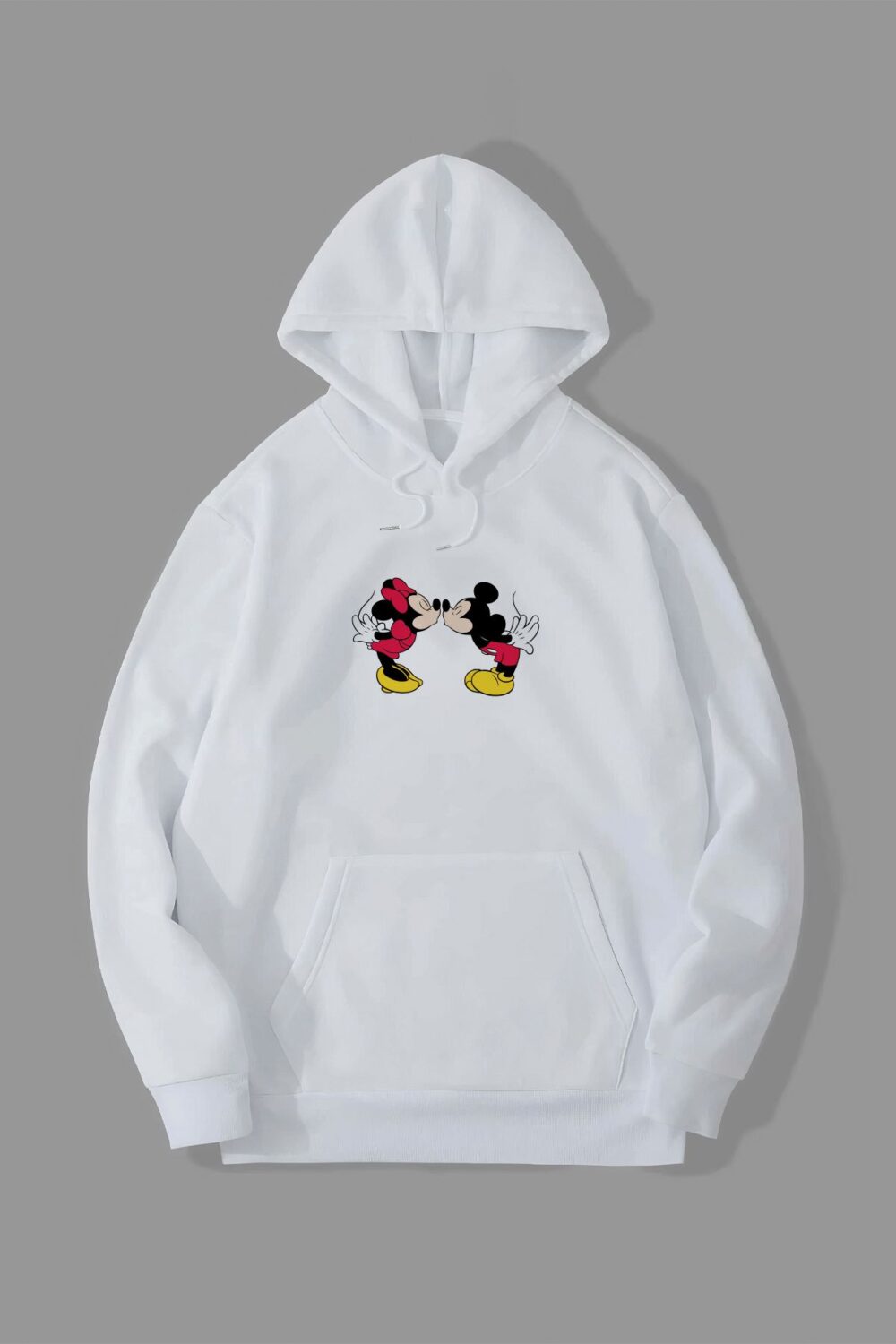 Mickey & Minny Öpücük Baskılı Beyaz Kapüşonlu Sweatshirt Hoodie