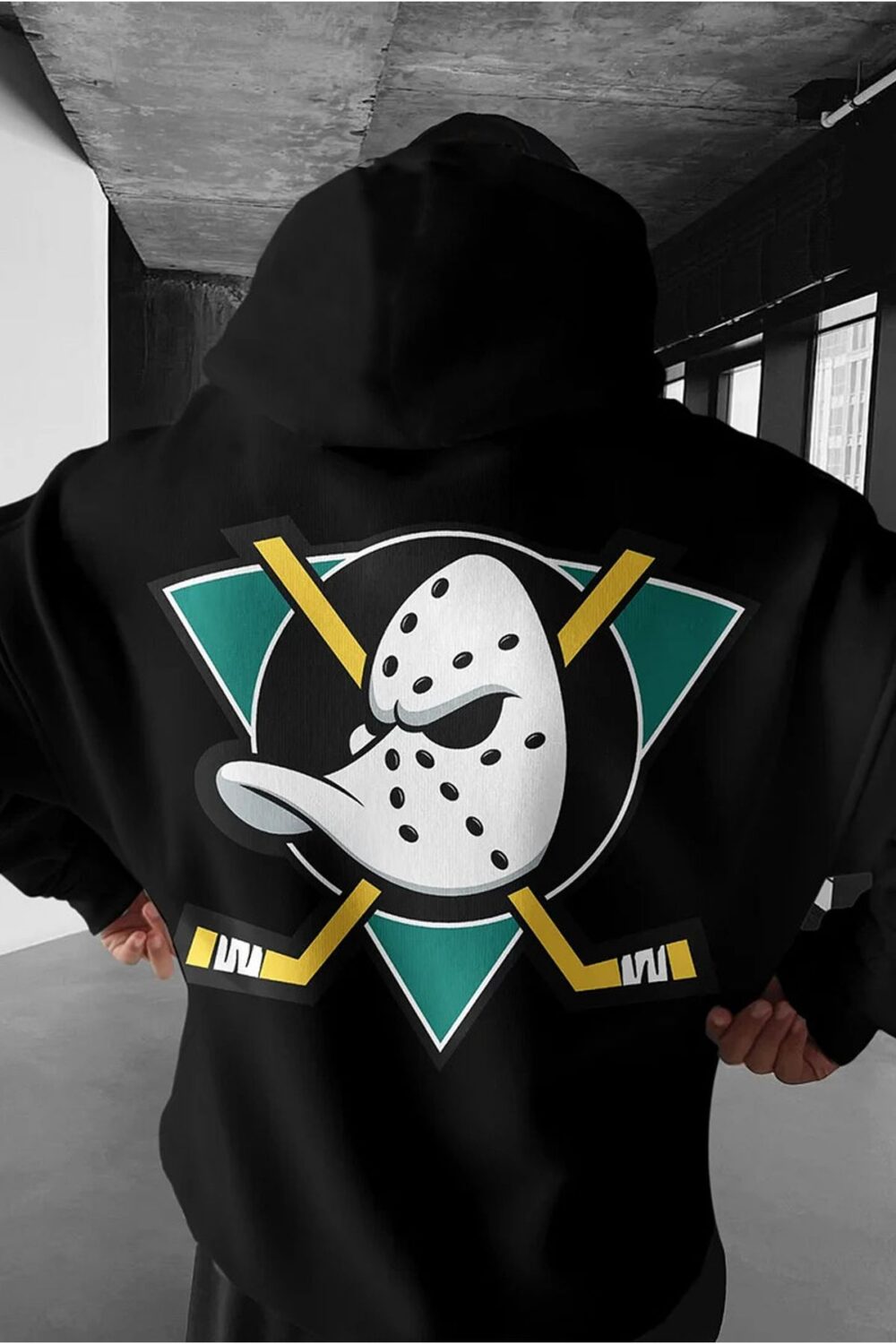 Mighty Ducks Baskılı Siyah Kapüşonlu Sweatshirt Hoodie