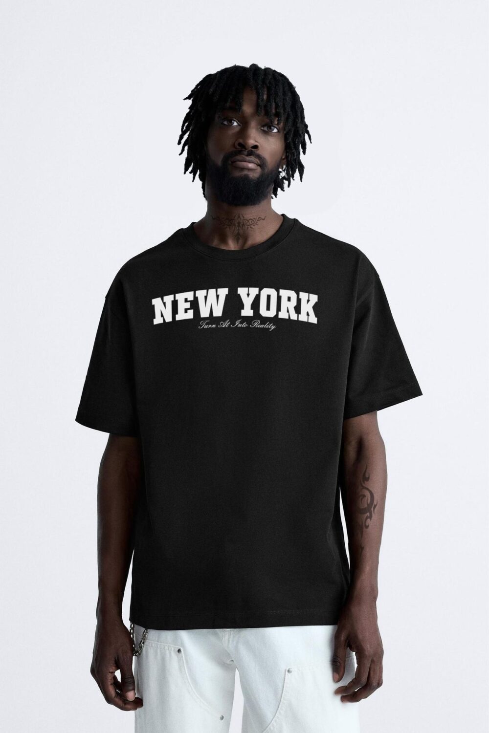 New York Reality Baskılı Siyah Oversize Tshirt