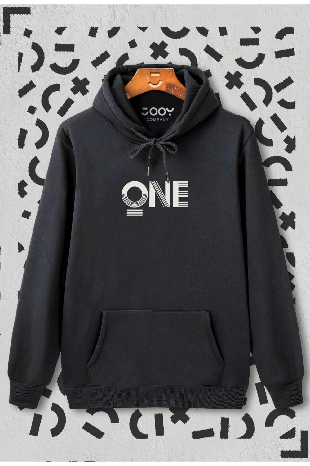 One Baskılı Siyah Kapüşonlu Sweatshirt